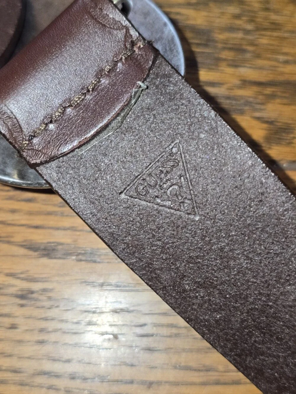 Vintage GUESS Genuine Leather Brown Belt Mother of Pearl Western Buckle Size Lg.